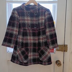Winter Coat Women's 55% Wool Plaid Made In Italy Black & Maroon Lined - Pockets